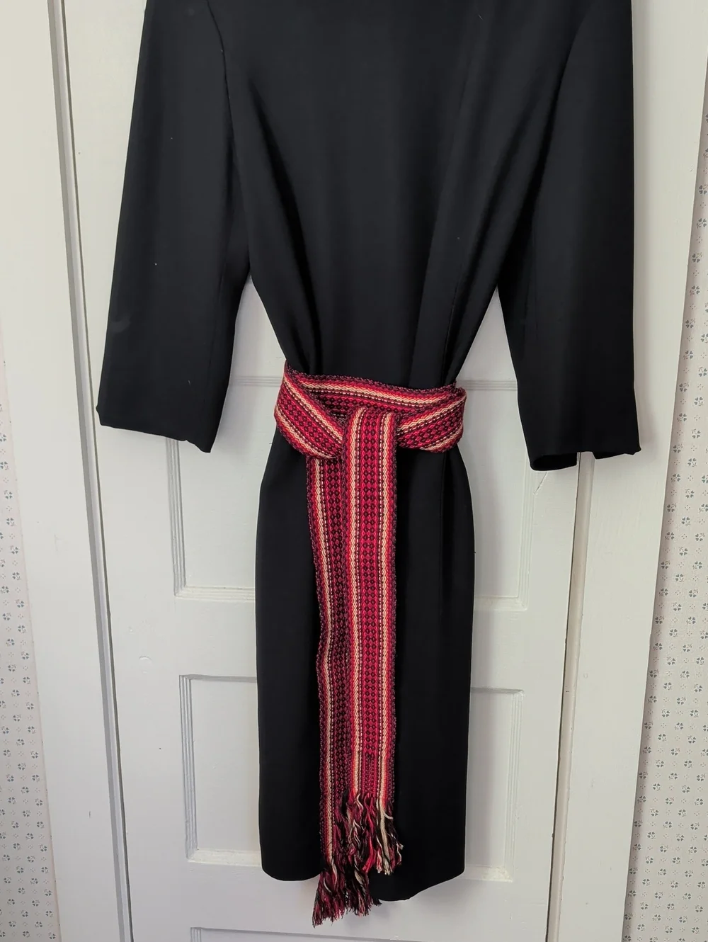 Red Sash 1970's Handwoven Black Striped Scarf Belt Fringe 82